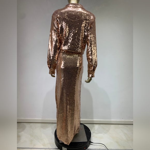 Sexy Turn-down Collar Long Sleeve Gold Mesh Sequins Midi Skirt Set - Picture 9 of 10